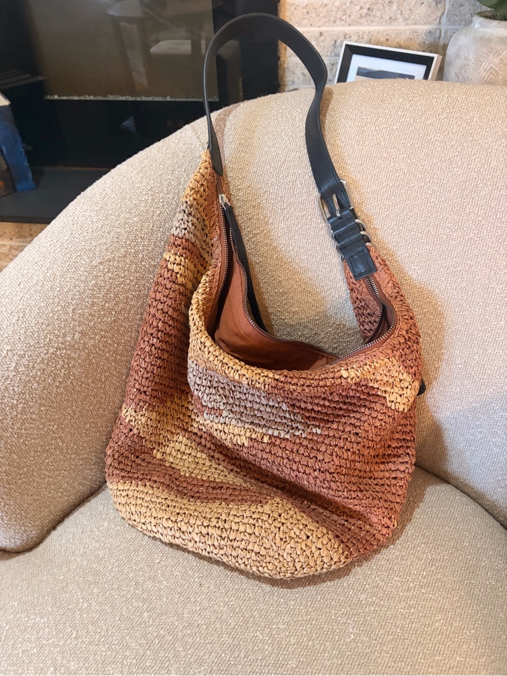 Free People Woven Shoulder Bag in Multi-Tone Brown and Tan